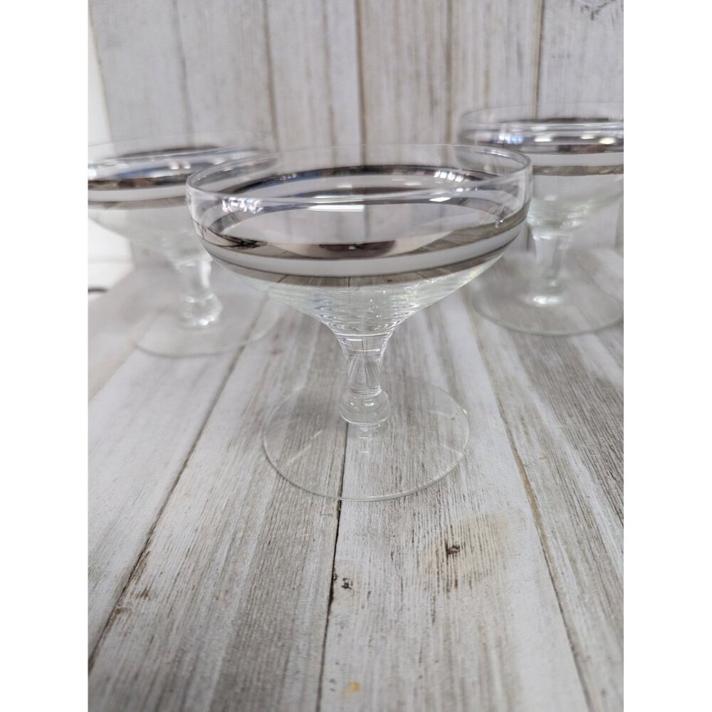 Champagne Glasses 3 3/8" Stemmed Set of 4 Silver Bands - Picture 3 of 6